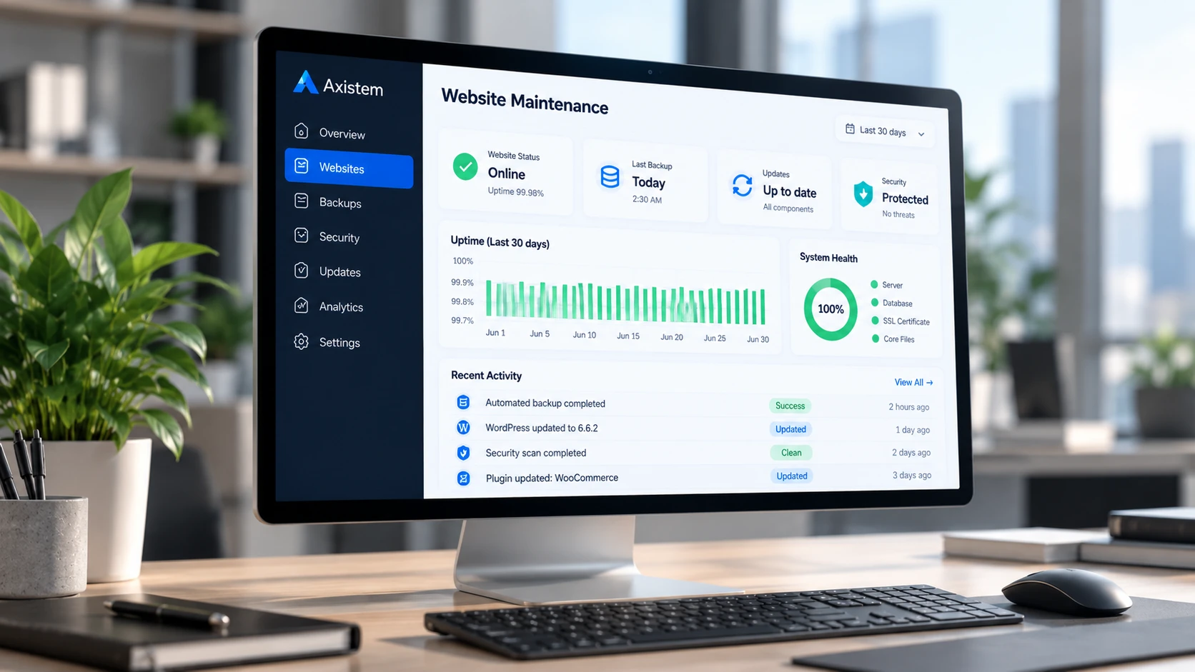 Website maintenance dashboard by Axistem with uptime chart, system health and recent activity on a desktop monitor