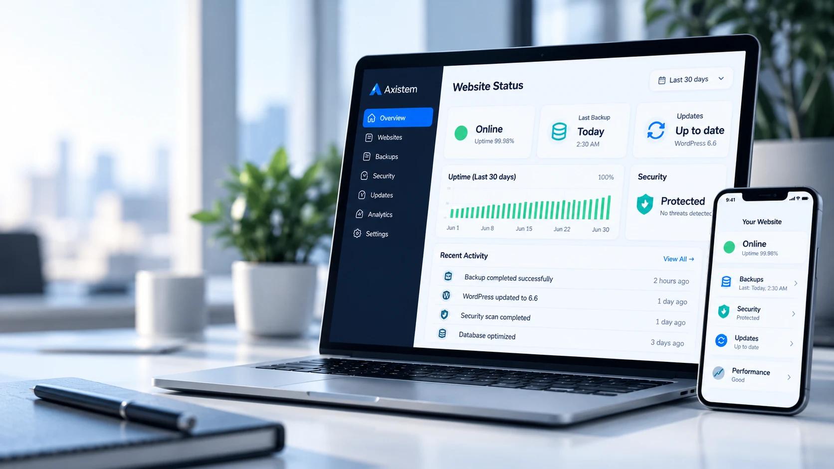 Website status dashboard by Axistem showing uptime, backups, updates and security on a laptop and a phone