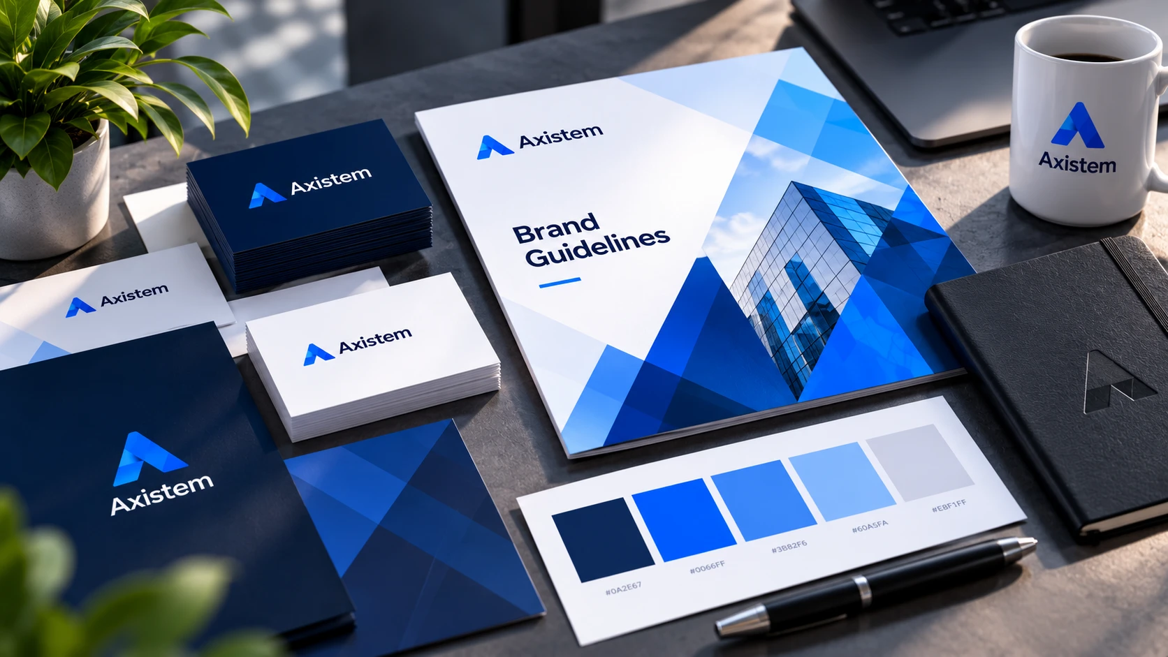 Axistem brand identity: business cards, brand guidelines, folder, mug and color palette