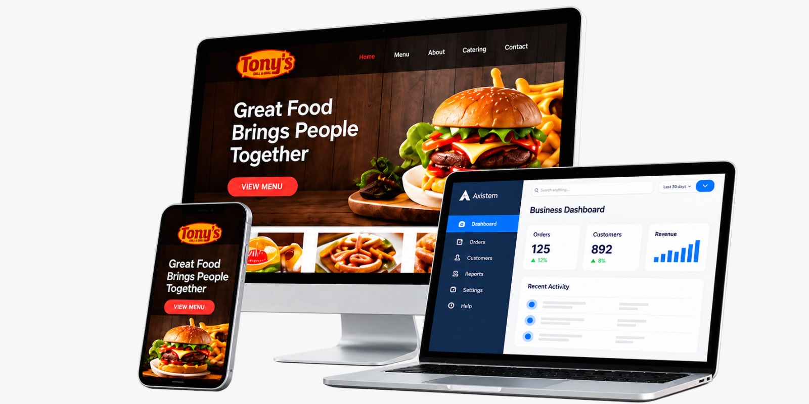 Website design for a restaurant and a custom business dashboard by Axistem, shown on desktop, laptop and phone