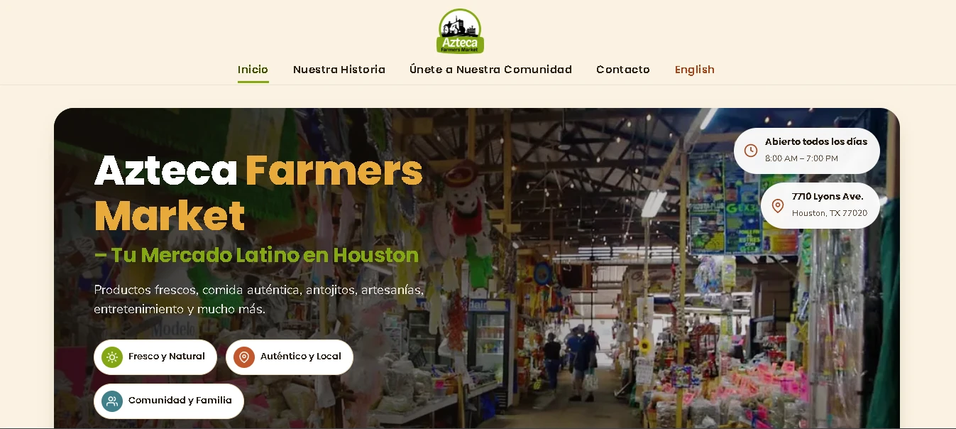 Azteca Farmers Market website homepage on desktop