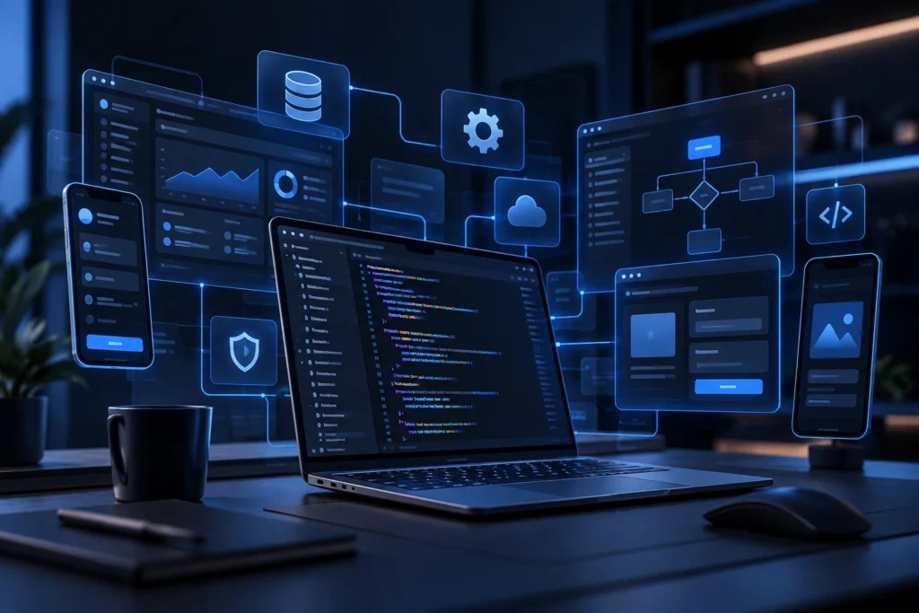 Custom software system with dashboards, database and workflow diagrams floating above a laptop