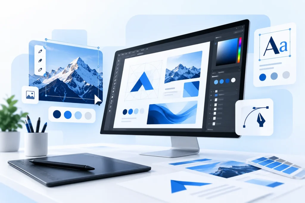Graphic design workspace with a monitor showing logo and brand artwork, a drawing tablet and color swatches
